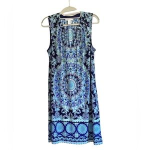 London Times NEW Blue Medallion Sleeveless Sheath Dress Sz 10 Keyhole Neck Comfy